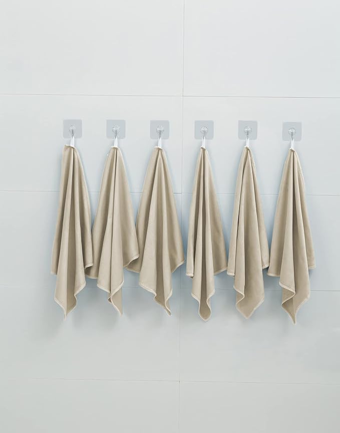 Puomue 6 Pack Microfiber Glass Cleaning Cloth, 16 Inch X 16 Inch, Lint Free Quickly Clean Window, Glasses, Windshields, Mirrors, and Stainless Steel, Camel