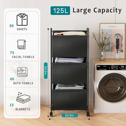125L Vertical Laundry Hamper with Wheels, 3 Section Large Rolling Laundry Sorter with Detachable Inners, Metal Clothes Hamper Laundry Baskets Organizer for Bathroom, Bedroom, Dorm (Black)