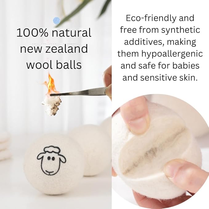 Wool Dryer Balls (6-Pack) – 100% Organic New Zealand Wool, Natural Fabric Softener, Reusable, Reduces Wrinkles & Drying Time, Eco-Friendly, Lint-Free, Chemical-Free Alternative to Dryer Sheets