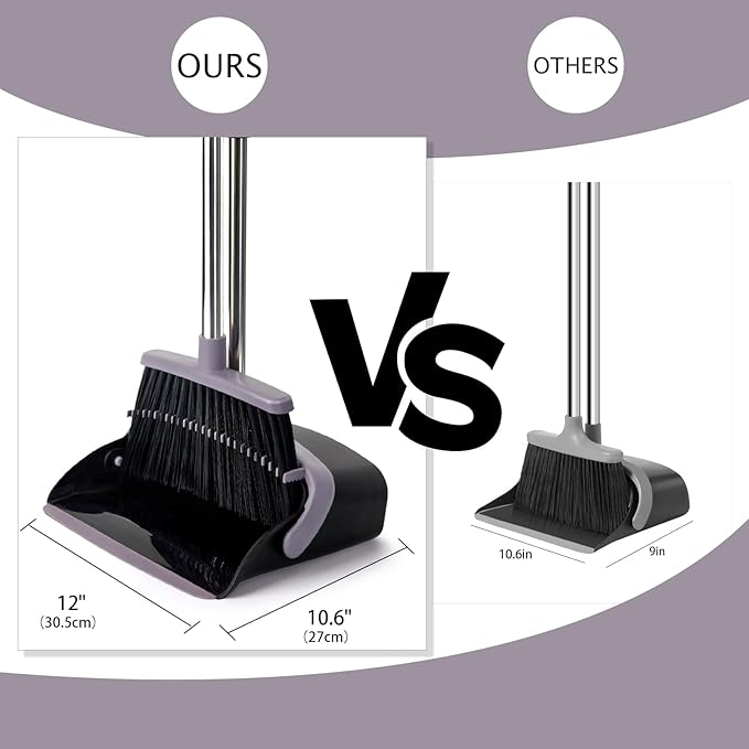 Broom and Dustpan Set, Dustpans with Broom Combo for Home, Heavy Dust Broom and Dustpan Combo, Long Handle Dust Pan and Broom Set for Kitchen, Office, Pet Hair, Charcoal Color, Pack of 1