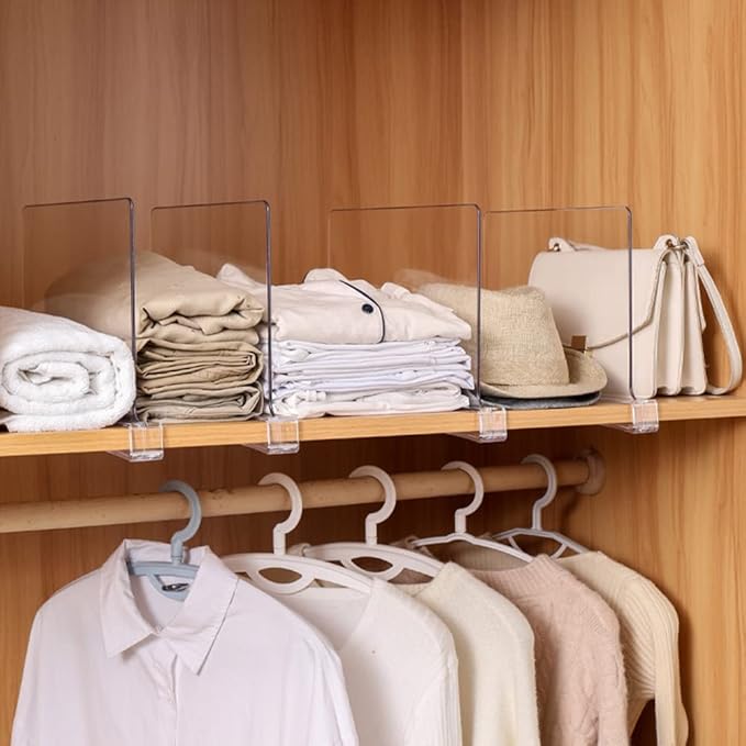 Sooyee Acrylic Shelf Dividers for Closet Organization,4 PCS Closet Shelf Organizer,Closet Dividers Purse Organizer for Closet,Closet Separator for Bedroom Kitchen Cabinets and Office Shelves,Clear