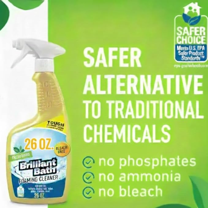 Brilliant Bath Foaming Bathroom Cleaner, Fresh Scent, 26 fl oz Bottles (Pack of 2) – Bleach-Free Multi-Surface Cleaner for Soap Scum, Hard Water & Grime