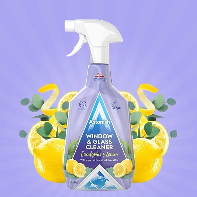 Astonish Streak Free Window & Glass Cleaner Spray Bottle With Vinegar For Deep Cleaning - Eucalyptus & Lemon Scented Home And Bathroom Cleaner - Vegan Cruelty Free Household Cleaning Supplies, 750ml