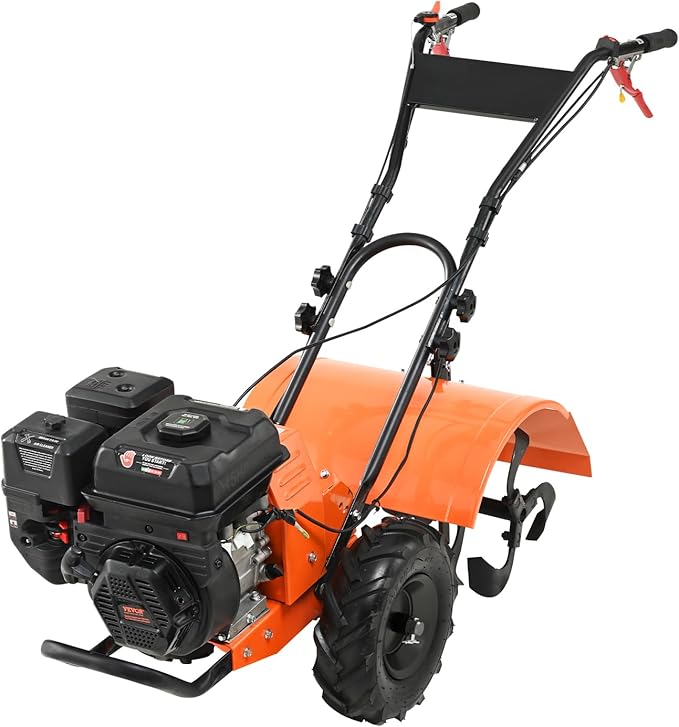 VEVOR Tiller Cultivator, 212CC 4-Stroke Garden Cultivator, Tiller with 4 Steel Adjustable Rear Tines for Lawn, Garden and Field Soil Cultivation