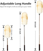 Lambs Wool Extendable Household Cleaning Duster 64" Wall Duster Cleaner with Stainless Steel Long Handle and Extension Pole for Cleaning High Ceiling Fan Interior Roof, Yellow&White