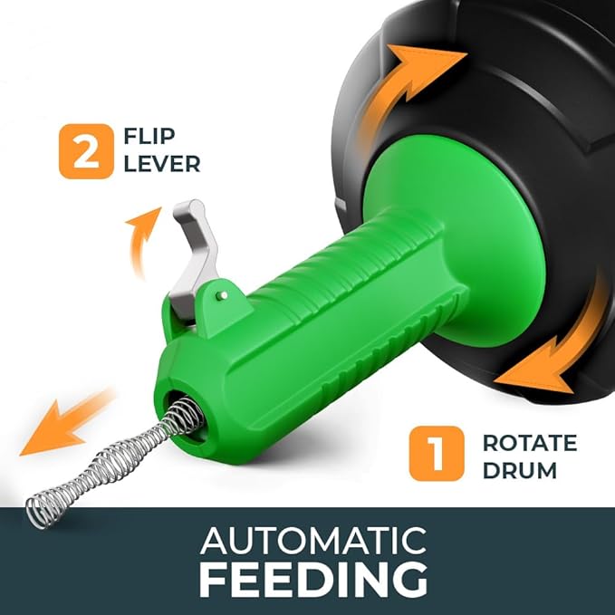 drain snake [25 FT] - Auto Feed - Ideal plumbing snake for sink and drain unblocking - Solid drain auger for real DYIs!
