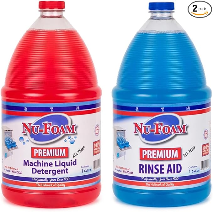 Nu-Foam Premium Commercial Dishwasher Detergent and Rinse Aid Set, 1 Gallon Each