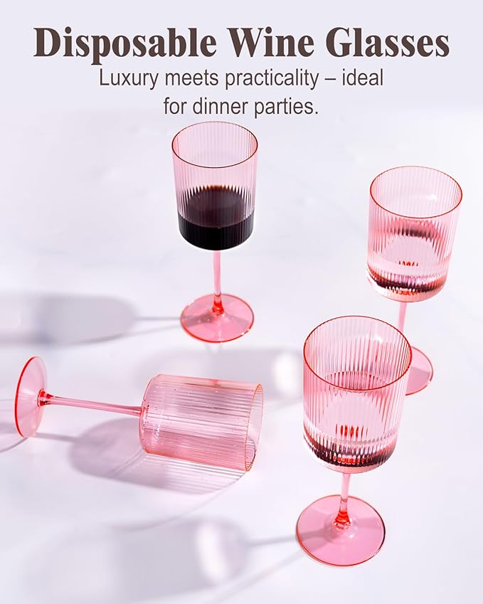 Ciaell 12 PCS Pink Plastic Ribbed Wine Glasses - 10 OZ Plastic Square Wine Glasses with Stem - Disposable Champagne Cups for Parties & Weddings & Party