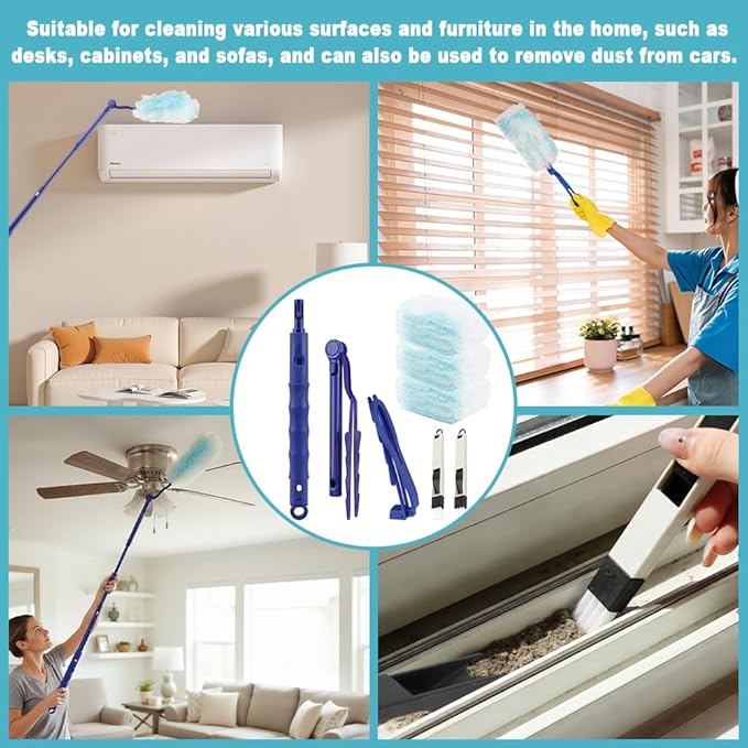 30 Count Heavy Duty Duster Refills with 2 Pcs Handles and Crevice Brushes Starter Kit, Microfibers Multisurface Dusters for Cleaning Home, Celling Fan, Blinds, Vent & Shelves(Blue)