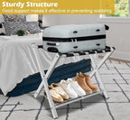 mocomax 2 Pack Folding Luggage Rack for Guest Room, Foldable Suitcase Stand Holder with Metal Storage Shelf for Bedroom, Living Room, Hotel Essentials, Heavy Duty Steel Frame, White