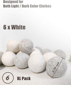 Wool Dryer Balls 6 Pack XL, Organic Natural Wool for Laundry, Fabric Softening - Anti Static, Baby Safe, No Lint, Odorless and Reusable White