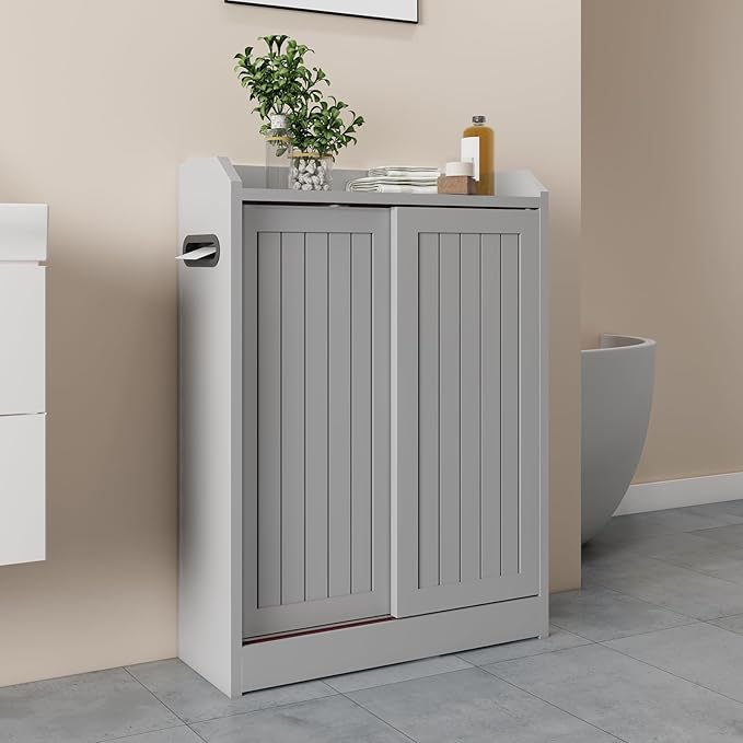 Small Bathroom Cabinet, Bathroom Storage Cabinet with Sliding Doors - Slim Space Saving Design, Adjustable Shelves, Toilet Paper Holder & Brush Compartment, 31.5"x23.6"x7.9" Inches, Grey