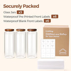 ComSaf 3Pcs (1.7Qt) Airtight Glass Pasta Storage Containers with Acacia Wood Lids, Tall Pantry Storage Container for Organizing Spaghetti and Pasta, Thick Glass Spaghetti Container with Pasta Labels
