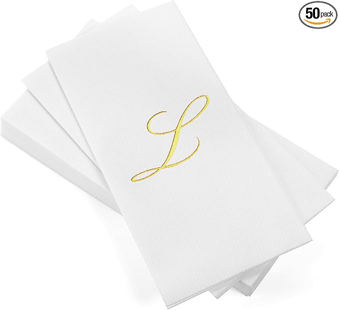 AMERICAN HOMESTEAD Disposable Hand Towels - Gold Foil Monogrammed Guest Napkins - Linen-Like Bathroom Paper Towels for Guests - Perfect Wedding and Party Napkins - 50 Count (Gold L)