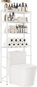 4-Tier Over-the-Toilet Storage Rack with One-Piece Wooden Shelves & Open Net Basket, Bathroom Organizer with Adjustable Feet & Anti-Tip Kit, Space-Saving Toilet Shelf, White, 24.4" x 9.4" x 69.3"