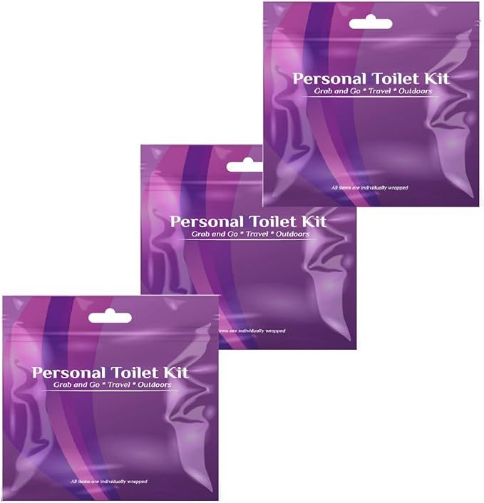 pH Advantage 3 x Personal Toilet Kit | Public Restroom Kit | Toilet Paper, Toilet Seat Cover, Butt Wipes, Cleansing Wipes (Purple)