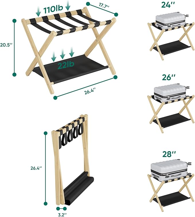 Smuxee Natural Bamboo Luggage Rack Pack of 2, Foldable Suitcase Stand with Storage Shelf, Easily Assembled Luggage Stand with 5 Nylon Straps for Guest Room Bedroom Hotel