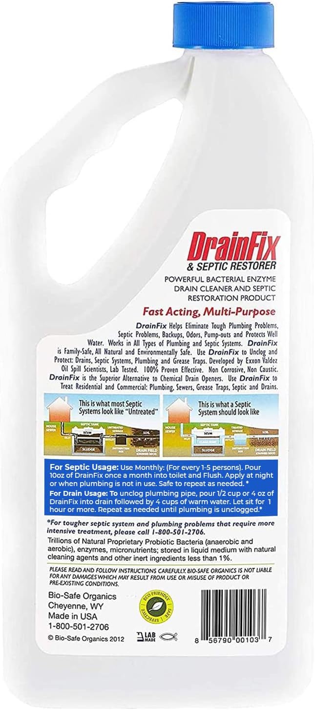Drainfix & Septic Restorer 32 Oz Septic Tank Treatment | Drainfield Treatment | Septic Safe Drain Cleaner | Enzyme Drain Cleaner | Septic Cleaner | Exxon Valdez Patented - 6 Pack