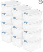 Sterilite 12-Pack Latching Box, Clear Plastic Organizer Bins with White Lids, 64 Quart – Large Stackable Containers for Closet, Bedroom, Garage, Kitchen, and Pantry Organization