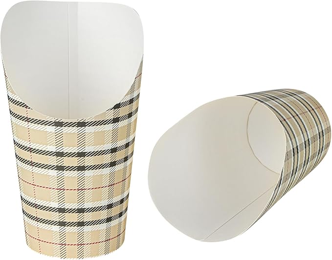 Restaurantware Bio Tek 16 Ounce French Fry Containers, 100 Disposable Charcuterie Cups - Incline Design, Round, Plaid Paper French Fry Cups, Stackable, For Waffles, Chips, or Popcorn