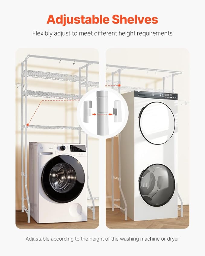 VEVOR Over The Washer and Dryer Storage Shelf, 6 Tier Laundry Room Drying Rack with Hanger Rod and Hooks, Adjustable Over Washer and Dryer Shelves, Laundry Room Shelf Storage Space Saver, White