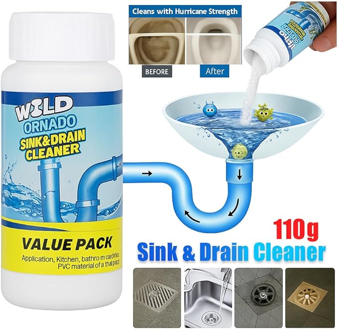 Wild Tornado Sink and Drain Cleaner Powder – Powerful Foaming Drain Cleaner for Kitchen, Bathroom, Toilet & Pipes – Fast-Acting Clog Remover, Deodorizes & Deep Cleans Drains (5)