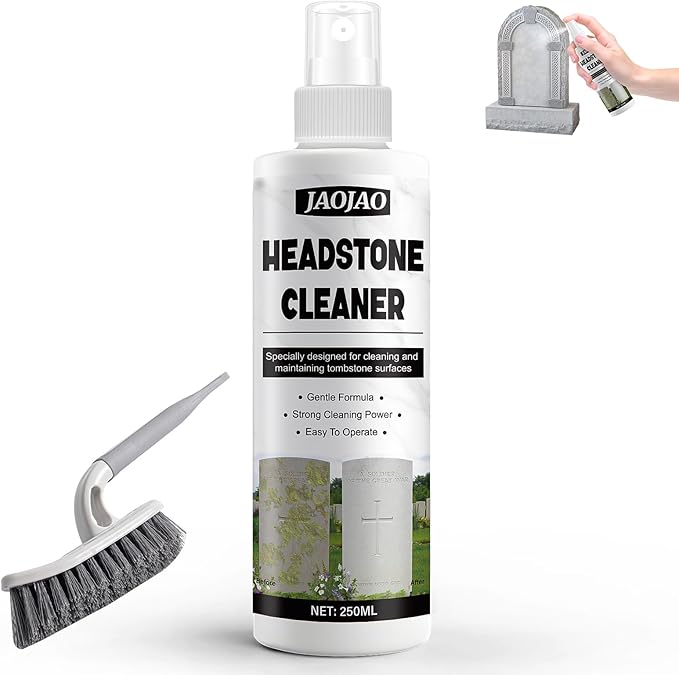 JAOJAO Headstone Cleaner, Stone Cleaner Gravestone Cleaning Kit Restoring and Protecting Tombstones Efficient Cleaning No Damage to Stone for Graves Cemetery Gravestone, 250ml Transparent