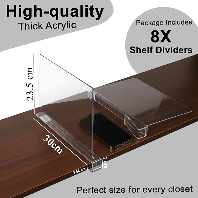 HIGH & SKY 8 Pack Acrylic Shelf Dividers for Closet Organization – Clear Adjustable Closet Shelf Separators for Clothes, Handbags & Towels – Durable Acrylic Shelf Dividers for Neat Shelves & Storage