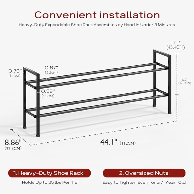 Bumusty 2-Tier Long Expandable Shoe Rack for Closet, 18"-44" Adjustable Shoe Rack for Entryway, 10-12 Pairs Large Shoe Organizer Shelf Storage, Sturdy Metal, Black
