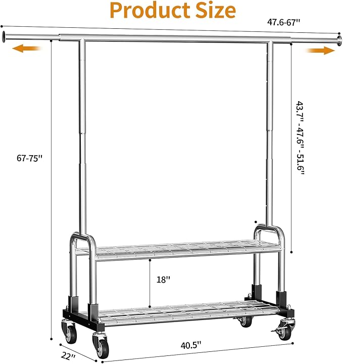 Luxspire Heavy Duty Clothes Rack, Clothing Rack Load 600 LBS, Rolling Clothes Racks for Hanging Clothes with Sturdy Wheels & 2 Tier Shelves, Adjustable Garment Rack for Bedroom, Laundry Room, Silver