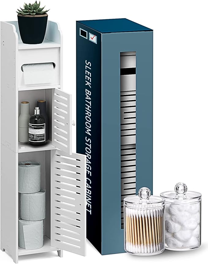 StorageBud Bathroom Storage Organizer - Floor Standing with Shelves - Includes 2 Apothecary Jars - Tall Bathroom Storage Cabinet for Toilet Paper, Towel & Other Bathroom Storage Accessories - White