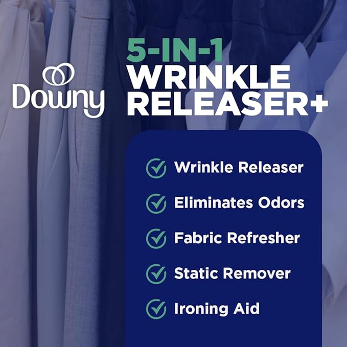 Downy Wrinkle Releaser Spray, All In One Formula, Removes Wrinkles, Static and Odor Eliminator, Crisp Linen Scent, 33.8 Fl Oz, Pack of 2 (Packaging May Vary)
