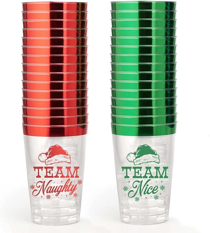 xo, Fetti Christmas Decorations Cups - 30 count, 12 oz | Team Naughty or Nice, Christmas Eve Disposable Drinkwear, Clear Plastic Cocktail Tumbler with Foil