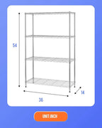 14" D×36" W×54" H Commercial Wire Shelving Unit Metal Shelf with 4 Tier Adjustable Layer Rack Strong Steel for Restaurant Garage Pantry Kitchen Garage，Chrome