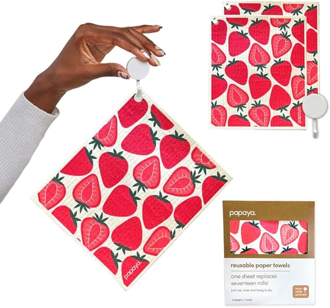 Papaya Reusable Paper Towels, Premium Swedish Dishcloths with Hook, Non-Scratch Reusable Paper Towel, 1 Sheet Replaces 17 Rolls - 2 Sheets, 1 Hook