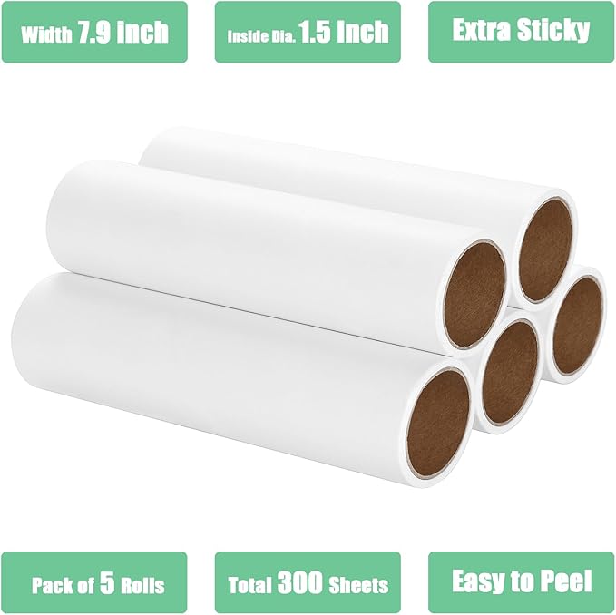 7.9 inch Lint Roller Refills Only, Extra Sticky Tape Roller Refills for Large Floor Lint Roller 7.9'' Width Sticky Roller Replacment Refill Pack of 5 Rolls, Total 300 Sheets (7.9'' Wide)