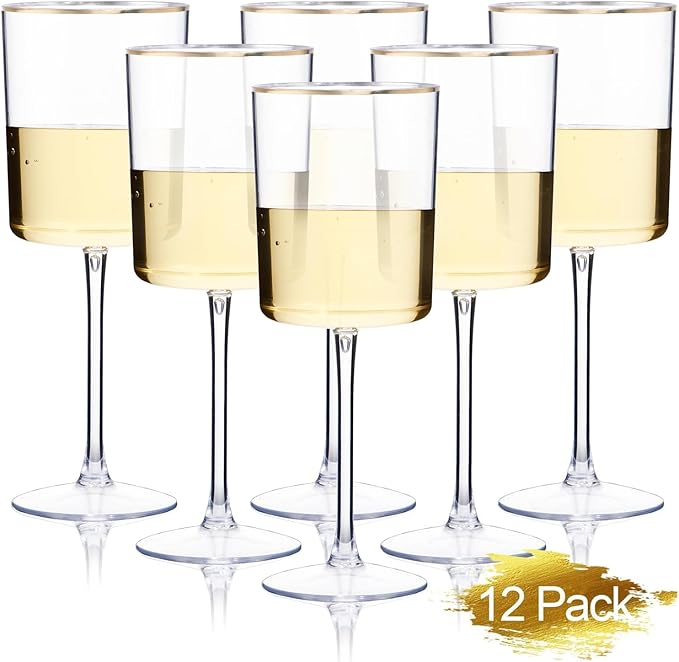 Ciaell 12 Pack Plastic Wine Glasses - 10 Oz Plastic Wine Glasses with Stem - Gold Rim Disposable Cups for Parties & Weddings & Poolside & Toasting & Outdoors & Thanksgiving