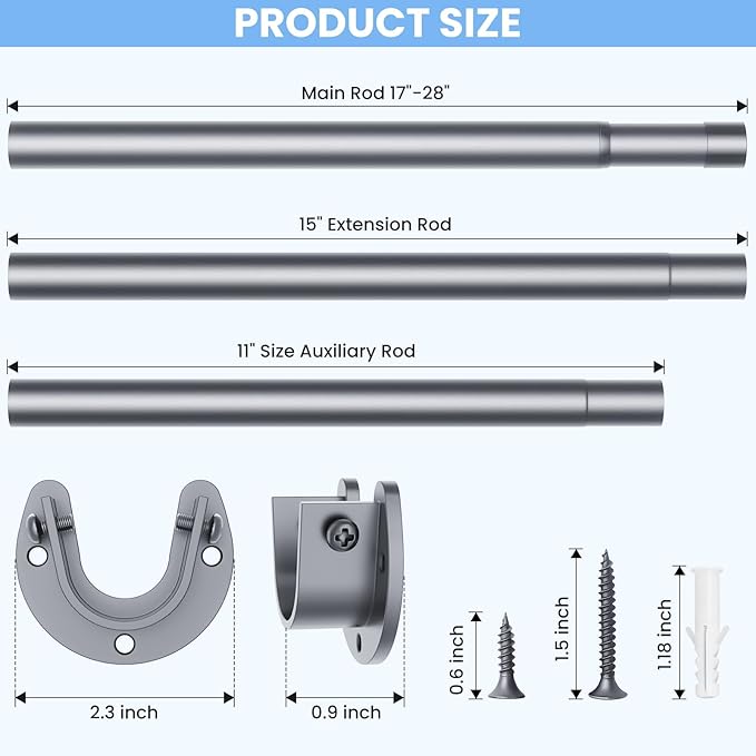 Closet Rods for Hanging Clothes, 17 to 54 Inches No-Cut Stepless Adjustable Closet Rod, 1.3 Inches Expandable Metal Heavy Duty Closet Hanging Rod for Closet Wardrobe Bathroom Laundry RV, Silver