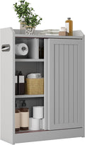 Small Bathroom Cabinet, Bathroom Storage Cabinet with Sliding Doors - Slim Space Saving Design, Adjustable Shelves, Toilet Paper Holder & Brush Compartment, 31.5"x23.6"x7.9" Inches, Grey