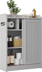 Small Bathroom Cabinet, Bathroom Storage Cabinet with Sliding Doors - Slim Space Saving Design, Adjustable Shelves, Toilet Paper Holder & Brush Compartment, 31.5"x23.6"x7.9" Inches, Grey