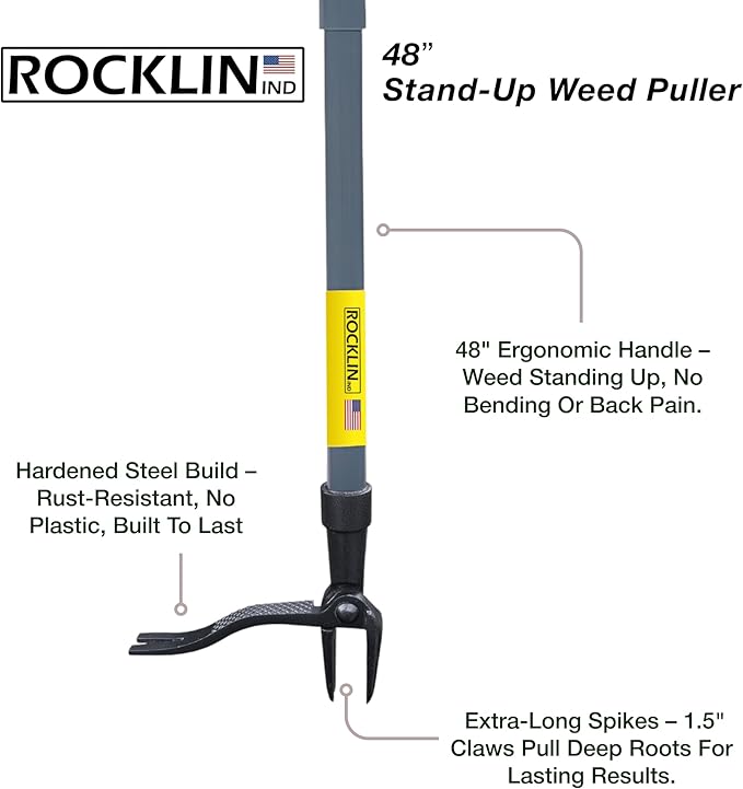 Rocklin™ Stand Up Weed Puller Tool - 4 Claw Steel Head - 48 inch Handle - 100% Metal - Easily Remove Weeds Without Bending or Kneeling WeedPuller