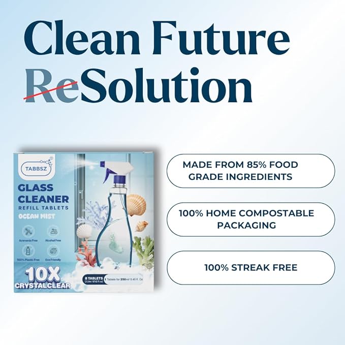 Glass Cleaner Refill Tablets | Plant-Based Streak-Free Window & Mirror Cleaner | Non-Toxic & Eco-Friendly Cleaning Solution | Plastic-Free Packaging | Ocean Mist - Pack of 32