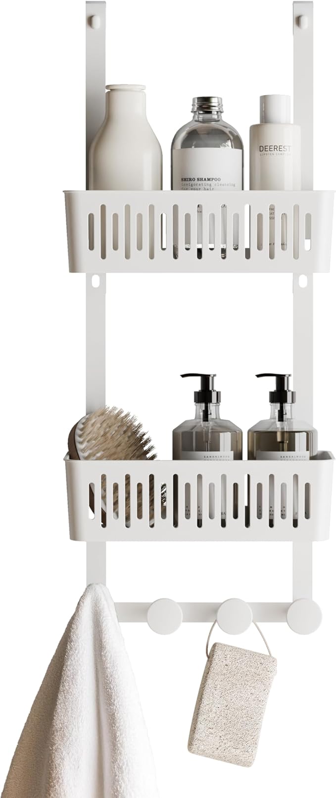 Zenna Home SnugFit Over the Door Caddy Organizer with 2 Storage Baskets and 4 Hooks, Over Door Hanging Organizer for Bathroom, Kitchen, Bedroom, Closet, Easy to Install, No Drilling, White