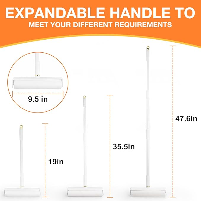 Large Lint Roller Pet Hair Remover 540 Adhesive Sheets Rollers 9.45 Extra Sticky Dog Cat Adjustable Handle 7.9-47.6 Inch, 6 Replaceable Rolls 90 Sheets Each, 3 Extension Rods for 4 Heights