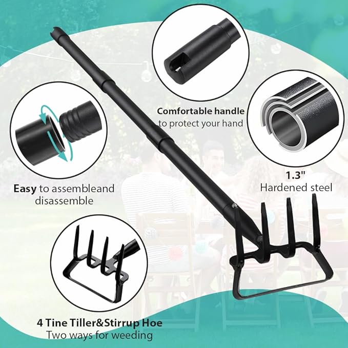 Garden Hoe, Stirrup Hoe with Adjustable Handle for Weeding Digger loosening Soil Metal Garden Cultivator with Rake Tiller Cultivator (30-73 Inch)