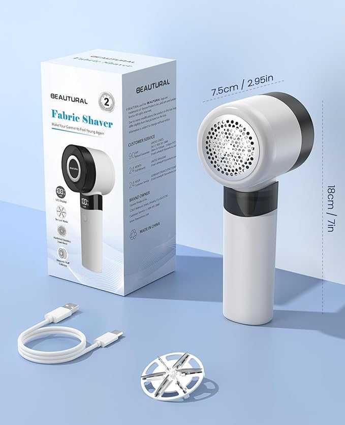 BEAUTURAL Fabric Shaver and Lint Remover, Rechargeable Electric Sweater Shaver with 3 Speeds, 6 Leaf Blades and LED Display, Portable Pilling Remover for Clothes, Furniture, Blankets
