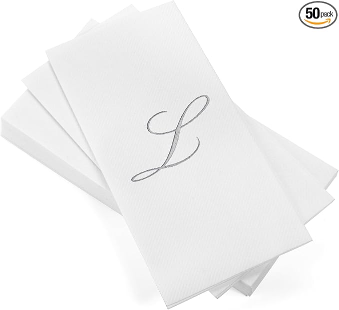 AMERICAN HOMESTEAD Disposable Hand Towels - Silver Foil Monogrammed Guest Napkins - Linen-Like Bathroom Paper Towels for Guests - Perfect Wedding and Party Napkins - 50 Count (Silver L)