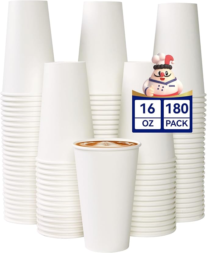 JOLLY CHEF 180 Count 16 oz Coffee Cups, White Drinking Paper Cups for Coffee, Water, Juice, or Tea, Suitable for Party, Picnic, Travel, and Events