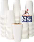 JOLLY CHEF 180 Count 16 oz Coffee Cups, White Drinking Paper Cups for Coffee, Water, Juice, or Tea, Suitable for Party, Picnic, Travel, and Events