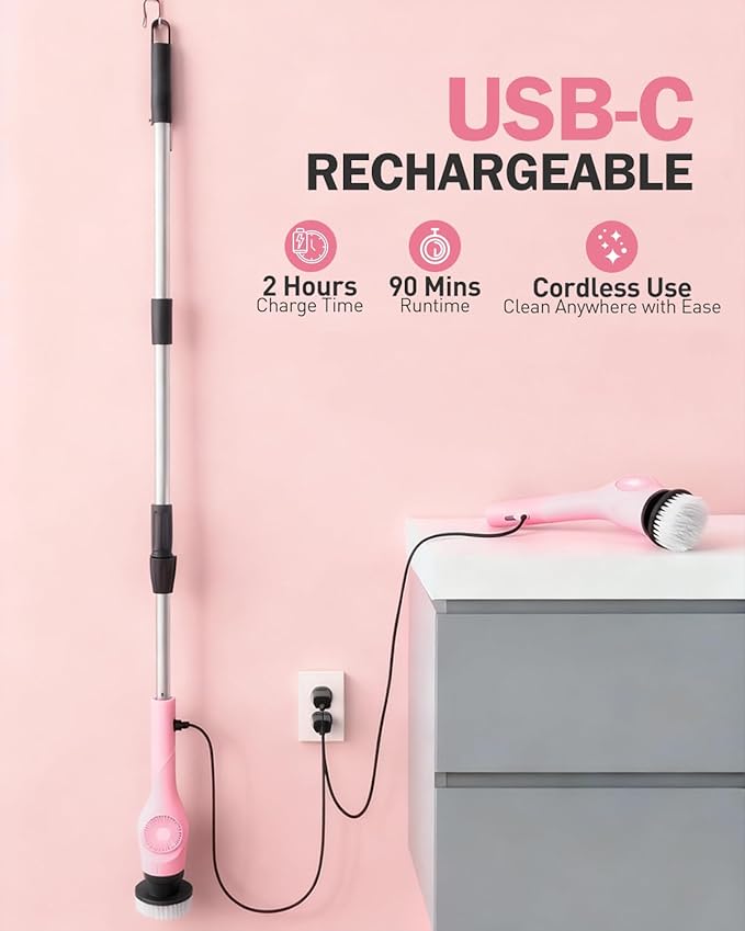 Electric Spin Scrubber, 3-Speed Cordless Shower Scrubber with Long Handle & 10 Replaceable Brush Heads, 90 Mins Runtime & Full-Body IPX7 Waterproof Shower Cleaner Brush for Bathroom Kithchen